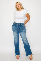 Sleek and Stylish Full Size Raw Hem Distressed Mid Rise Straight Jeans Trendsi