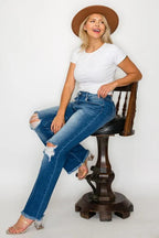 Sleek and Stylish Full Size Raw Hem Distressed High Rise Bootcut Jeans Trendsi
