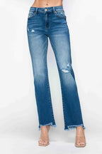 Sleek and Stylish Full Size Raw Hem Distressed Mid Rise Straight Jeans Trendsi