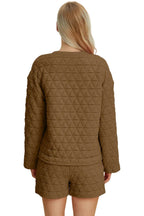 Texture Round Neck Long Sleeve Top and Shorts Set Trendsi