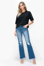 Sleek and Stylish Full Size Raw Hem Distressed High Rise Bootcut Jeans Trendsi