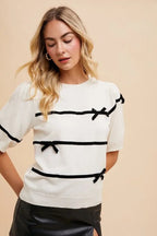 Striped Bow Round Neck Knit Top Trendsi