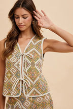 Jeana Wear Ethnic Woven Jacquard Tie Front Vest Trendsi