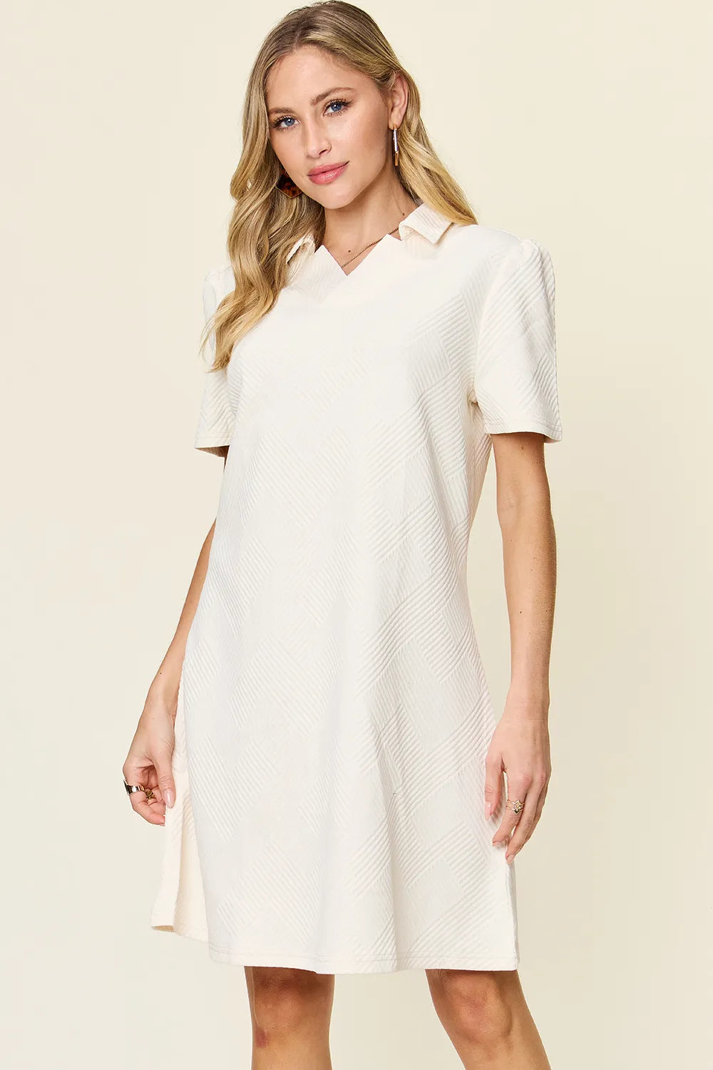 Double Take Full Size Texture Collared Neck Short Sleeve Dress Trendsi