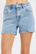 Light blue denim shorts with distressed details on a white background