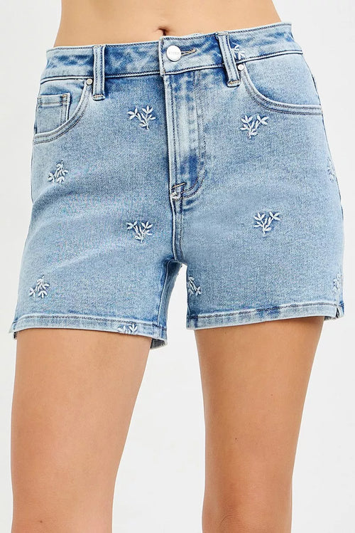 Risen High Rise Denim Shorts with Embroidered Detail Trendsi