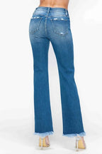 Sleek and Stylish Full Size Raw Hem Distressed Mid Rise Straight Jeans Trendsi