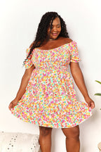 Devine Smocked Sweetheart Neck Flounce Sleeve Mini Dress Trendsi