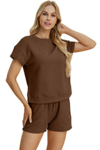 Knit Full Size Texture Short Sleeve Top and Shorts Set Trendsi