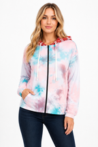 Feather & Tie-dye Print Contrast Plaid Hood Sweater Sleek and Stylish