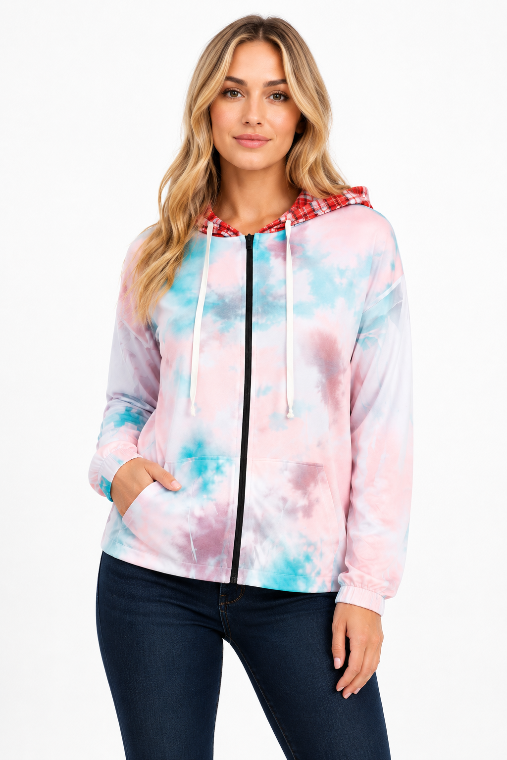Feather & Tie-dye Print Contrast Plaid Hood Sweater Sleek and Stylish