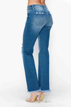Sleek and Stylish Full Size Raw Hem Distressed Mid Rise Straight Jeans Trendsi