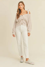 Mable Off Shoulder Self Tie Strap Button Down Sweater Trendsi