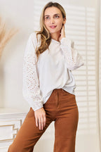 Shiny Eyelet Dropped Shoulder Round Neck Blouse Trendsi