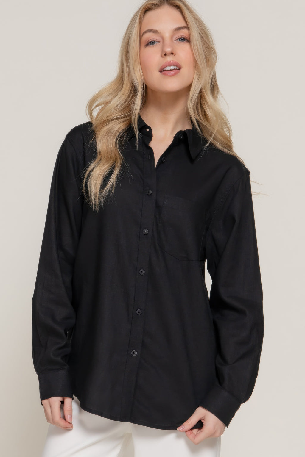 Long Sleeve Linen Blend Shirt In Black Sleek and Stylish