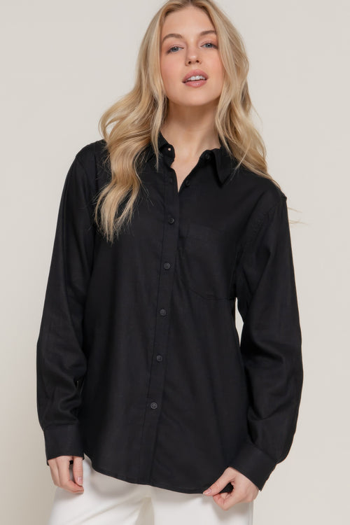 Long Sleeve Linen Blend Shirt In Black Sleek and Stylish
