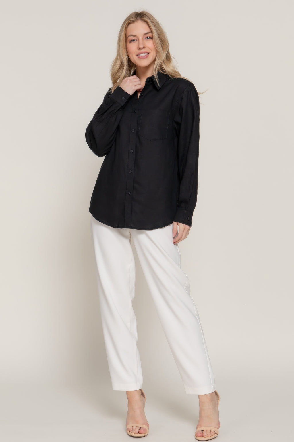 Long Sleeve Linen Blend Shirt In Black Sleek and Stylish