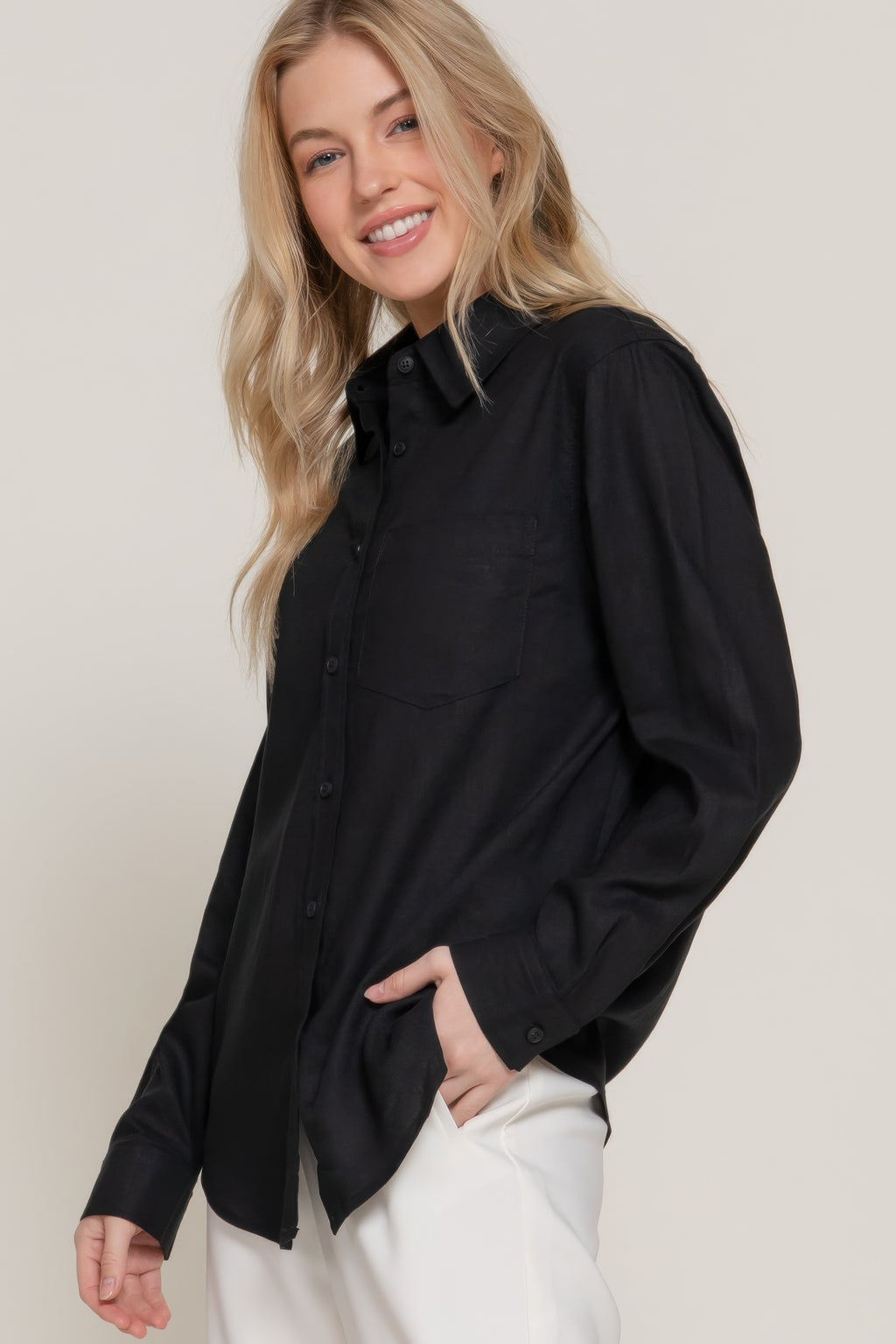 Long Sleeve Linen Blend Shirt In Black Sleek and Stylish