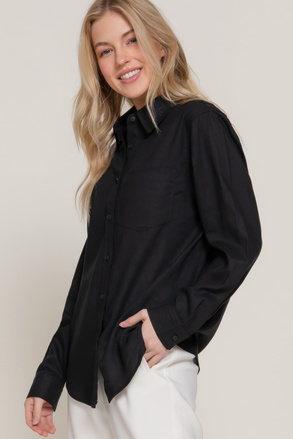 Long Sleeve Linen Blend Shirt In Black Sleek and Stylish
