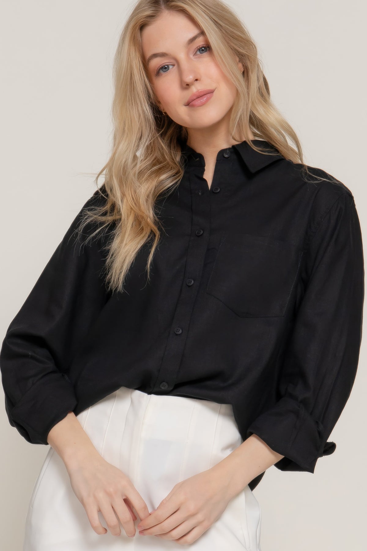 Long Sleeve Linen Blend Shirt In Black Sleek and Stylish