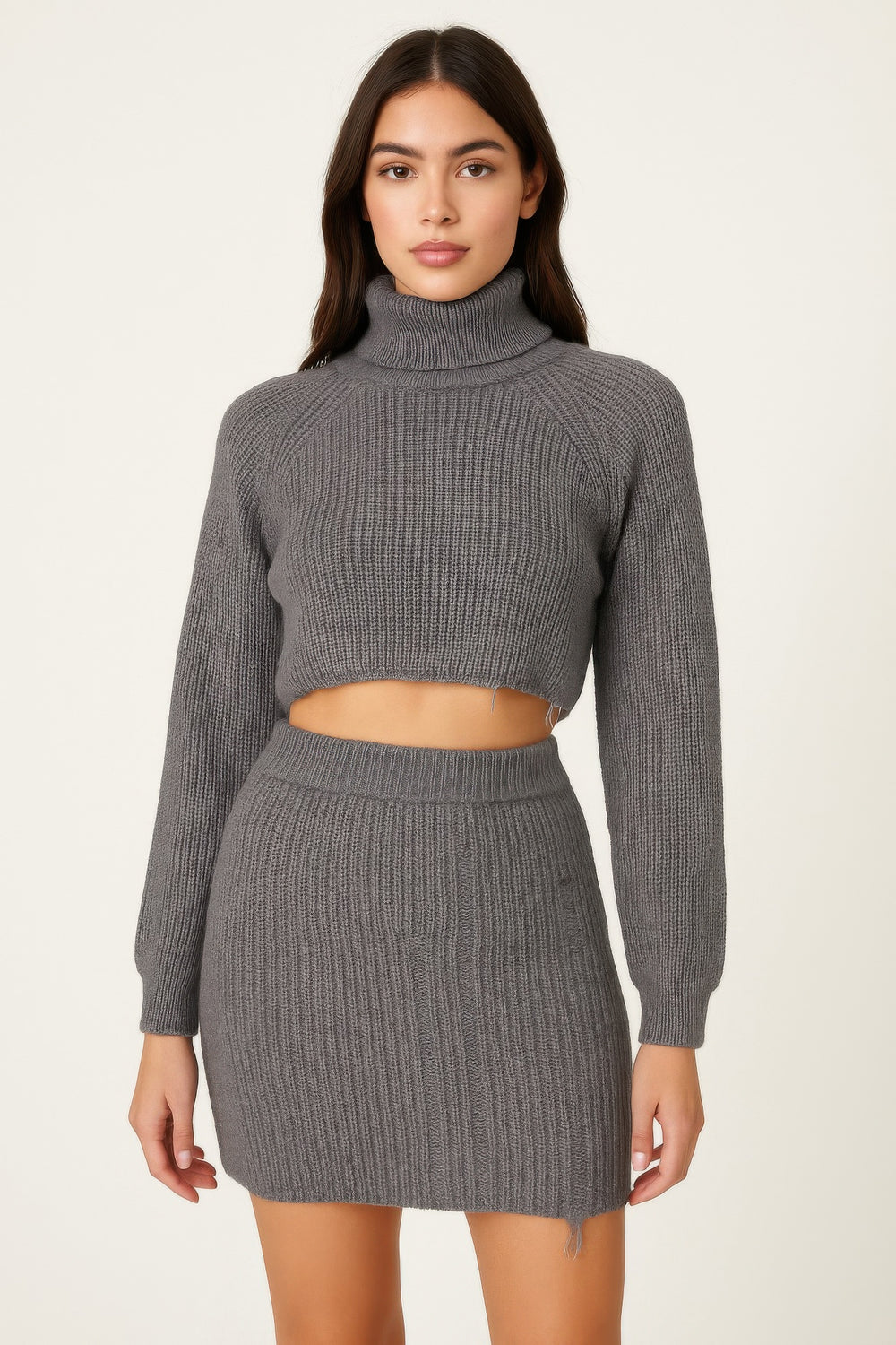 Knit Mock Neck Top And Skirt Sleek and Stylish