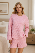 Texture Round Neck Long Sleeve Top and Shorts Set Trendsi