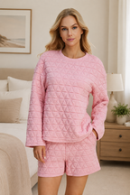Texture Round Neck Long Sleeve Top and Shorts Set Trendsi