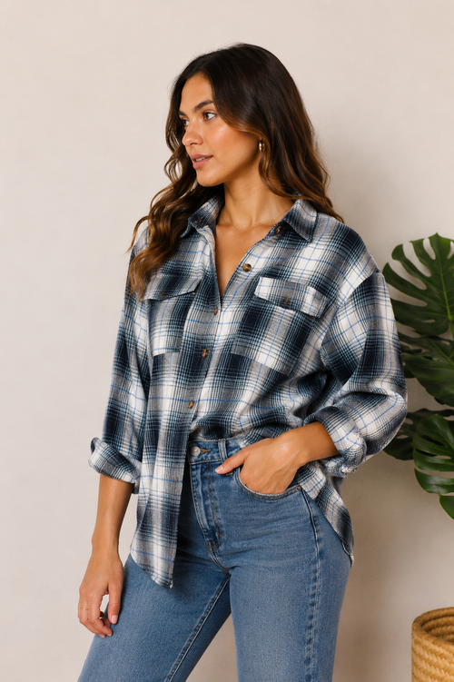 Macie Plaid Dropped Shoulder Shirt Trendsi