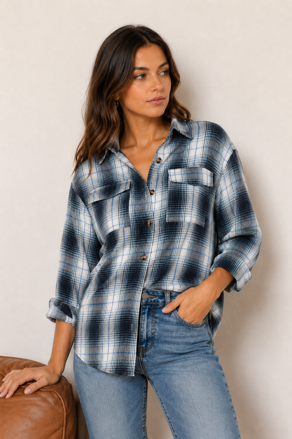 Macie Plaid Dropped Shoulder Shirt Trendsi
