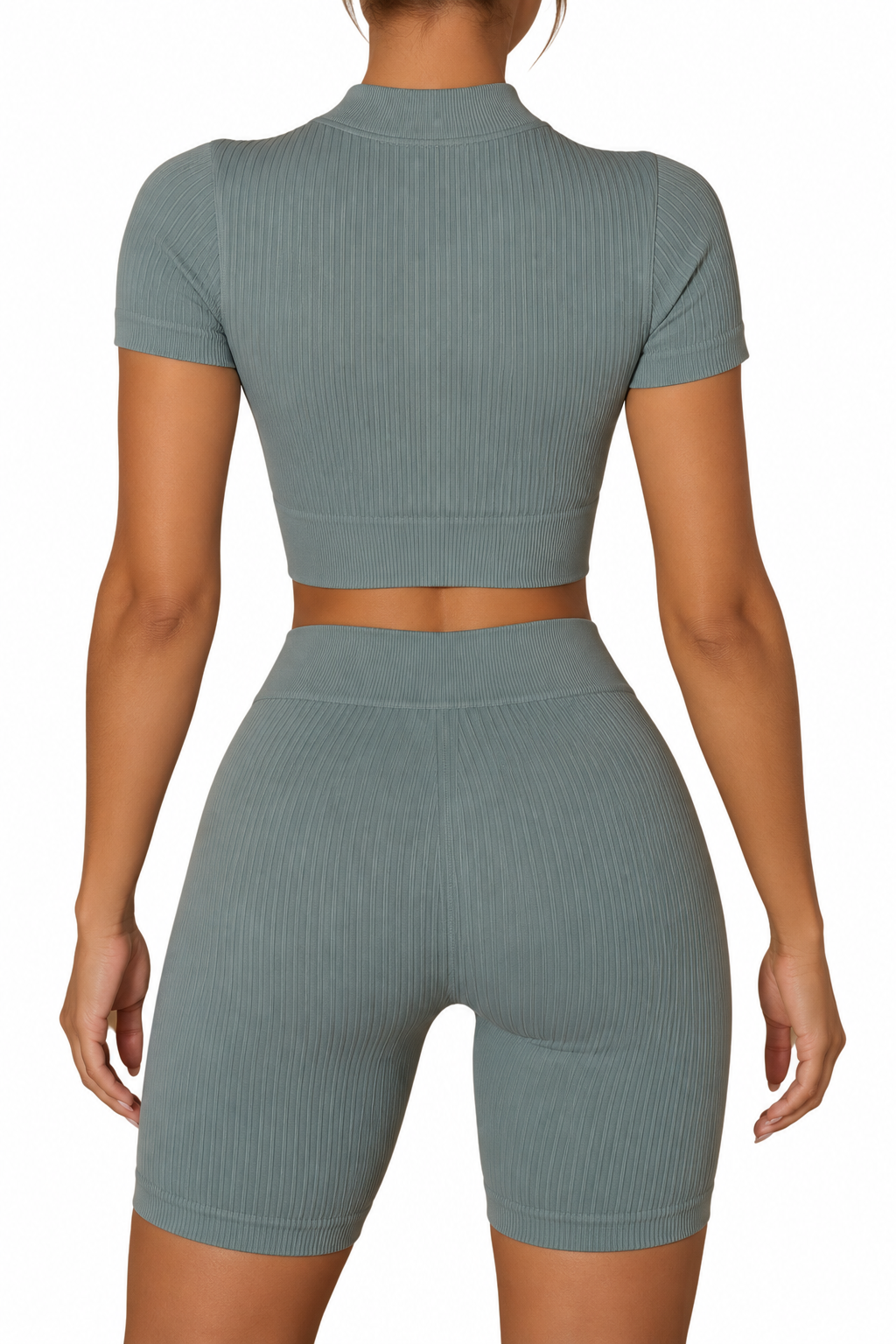 Women’s Ribbed Zip-Up Crop Top & High-Waist Biker Shorts Activewear Set Sleek and Stylish