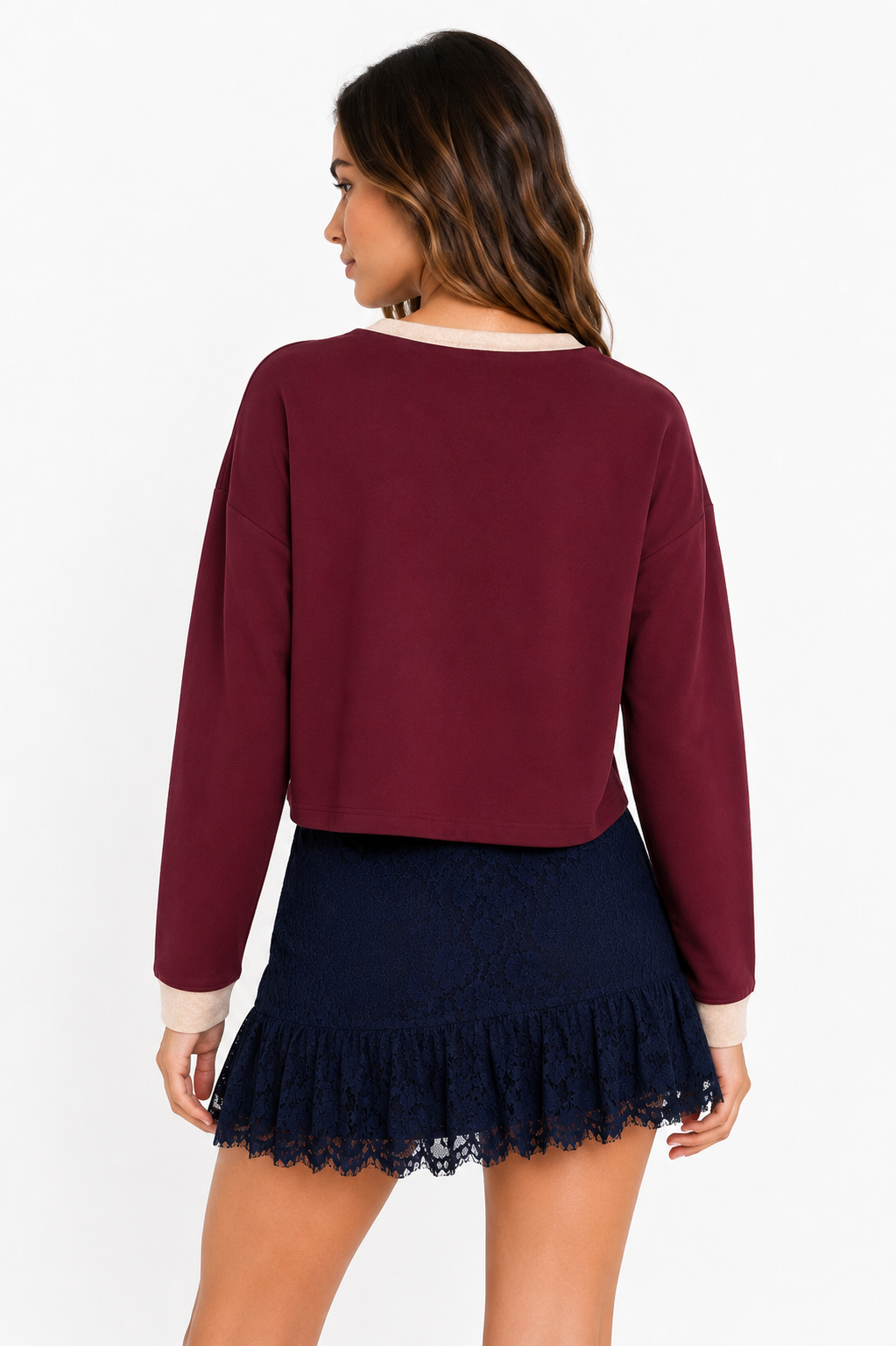 Burgundy Colorblock Long Sleeve Crop Top Sleek and Stylish