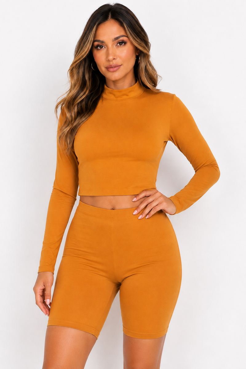 Mock Neck Top & Biker Shorts Set Sleek and Stylish