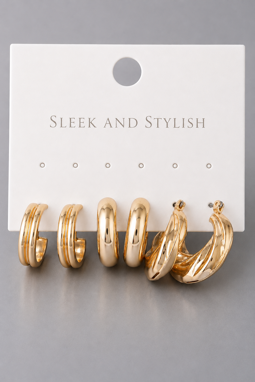 Women’s 3-Pack Gold Hoop Earrings – Chunky Everyday Earring Set Sleek and Stylish