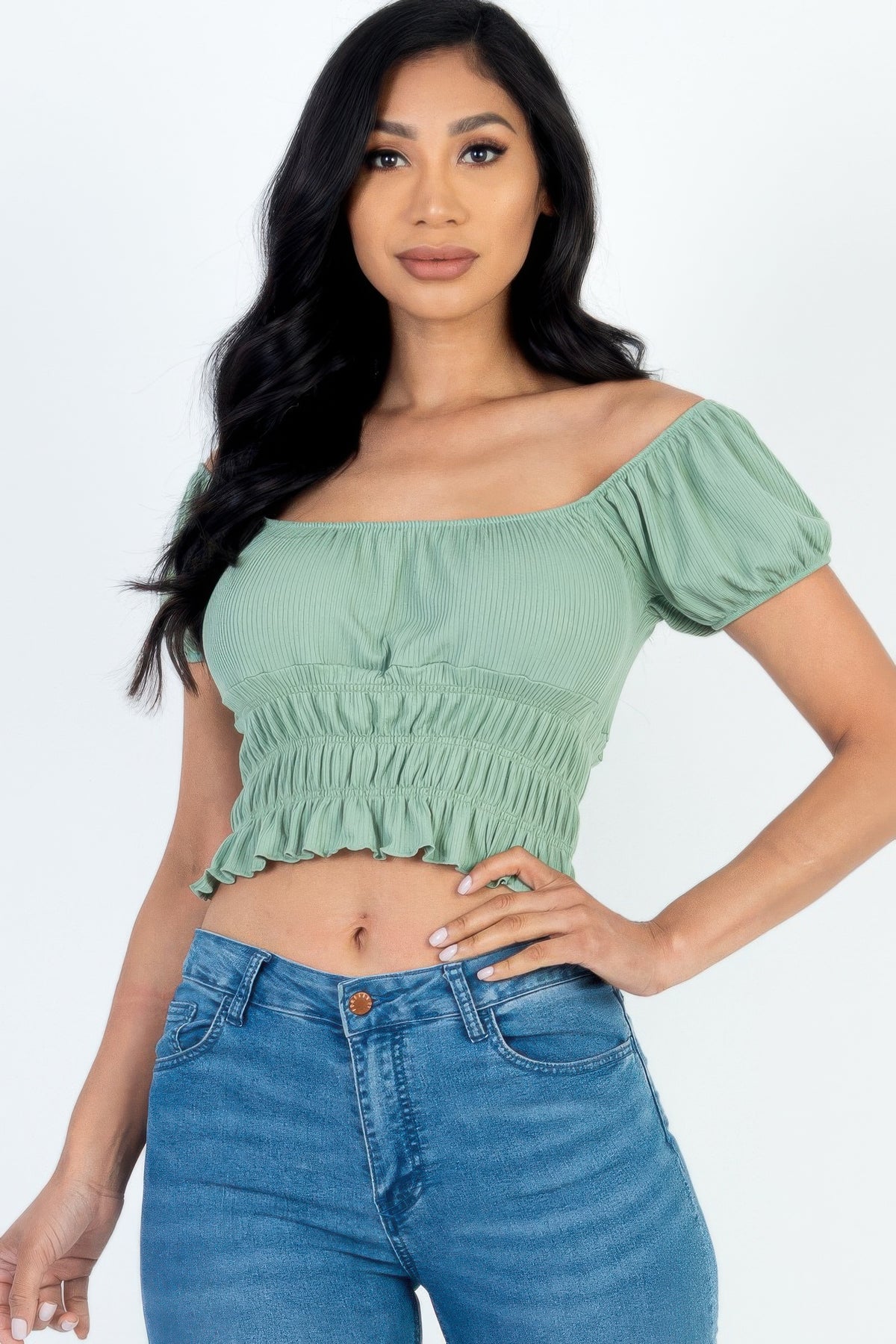 Puff Sleeve Ribbed Knit Top Sleek and Stylish