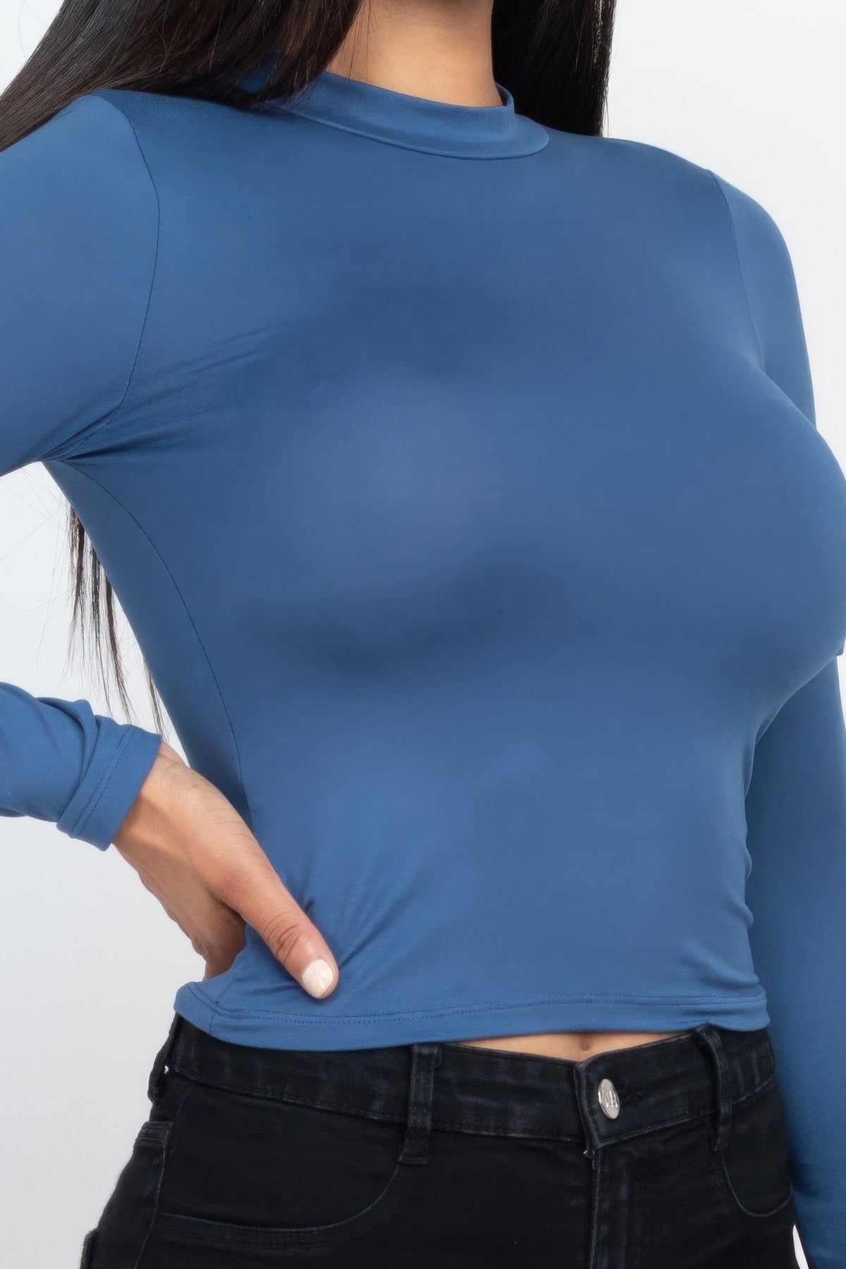High Neck Solid Long Sleeve Top Sleek and Stylish