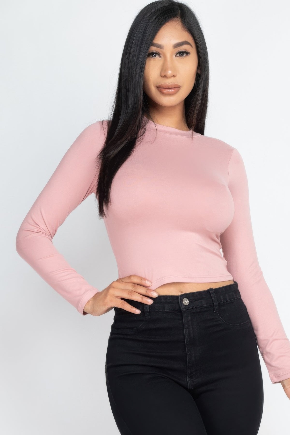 High Neck Solid Long Sleeve Top Sleek and Stylish