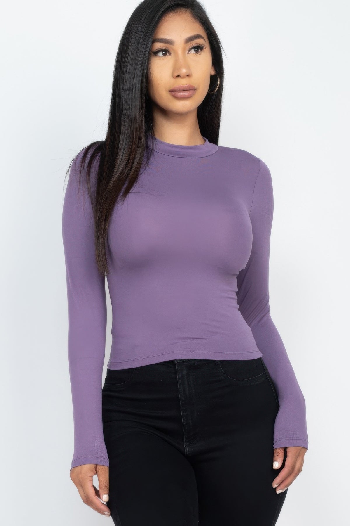 High Neck Solid Long Sleeve Top Sleek and Stylish