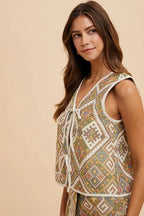 Jeana Wear Ethnic Woven Jacquard Tie Front Vest Trendsi