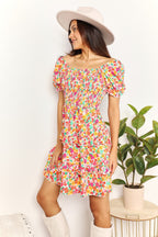 Devine Smocked Sweetheart Neck Flounce Sleeve Mini Dress Trendsi