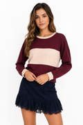 Burgundy Colorblock Long Sleeve Crop Top Sleek and Stylish