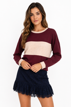 Burgundy Colorblock Long Sleeve Crop Top Sleek and Stylish