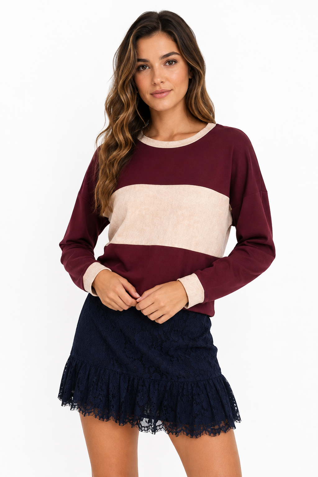 Burgundy Colorblock Long Sleeve Crop Top Sleek and Stylish