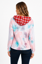 Feather & Tie-dye Print Contrast Plaid Hood Sweater Sleek and Stylish