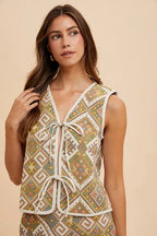 Jeana Wear Ethnic Woven Jacquard Tie Front Vest Trendsi