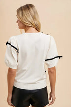 Striped Bow Round Neck Knit Top Trendsi