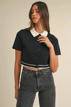 Mazy Button Down Contrast Collared Knit Cardigan Trendsi
