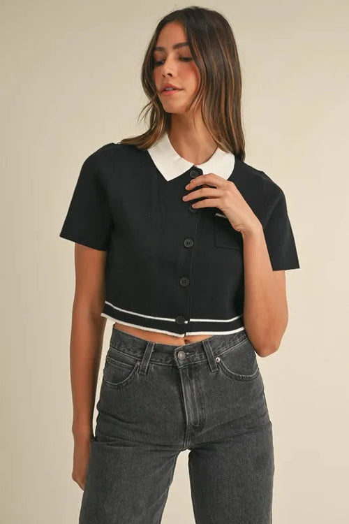Mazy Button Down Contrast Collared Knit Cardigan Trendsi