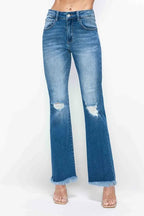 Sleek and Stylish Full Size Raw Hem Distressed High Rise Bootcut Jeans Trendsi