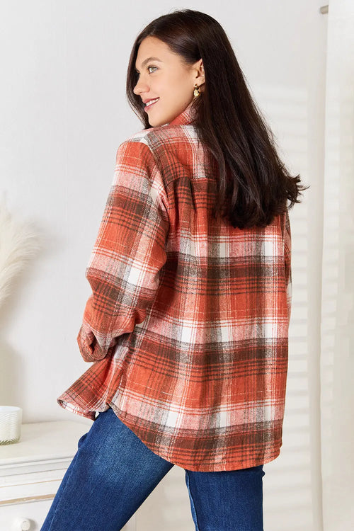Plaid Collared Neck Long Sleeve Shirt Trendsi