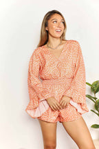 Double Take Printed Flare Sleeve Tangerine Romper Trendsi